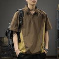 Men's brown Ice Silk business shirt with half-zip stand collar and short sleeves