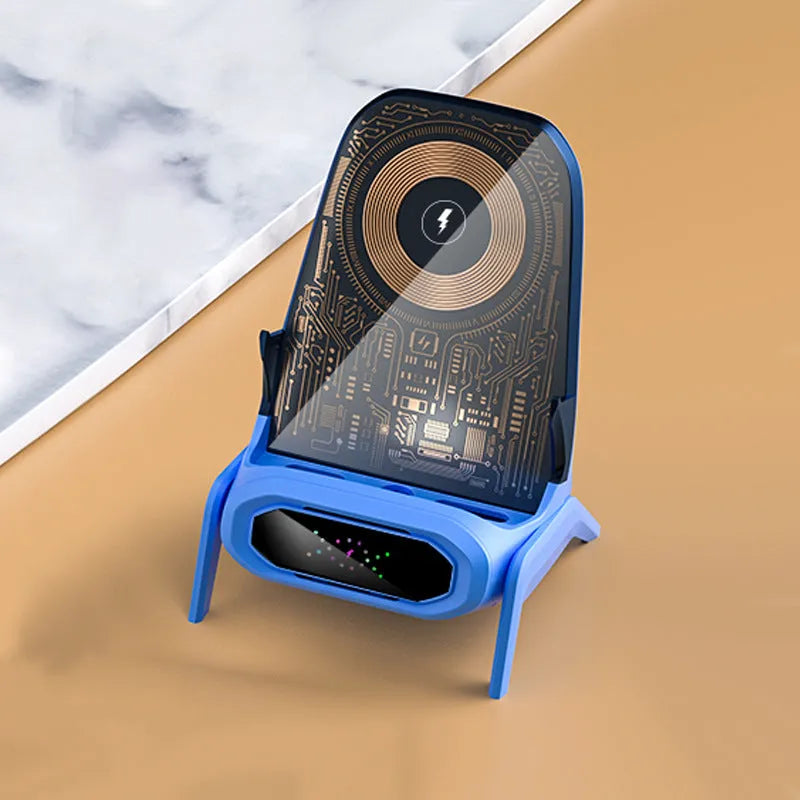 Transparent small chair wireless charger phone stand showing white, blue, and pink colour options