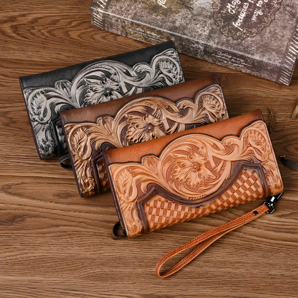 Chinese-style embossed floral pattern tri-fold women's wallet in genuine leather