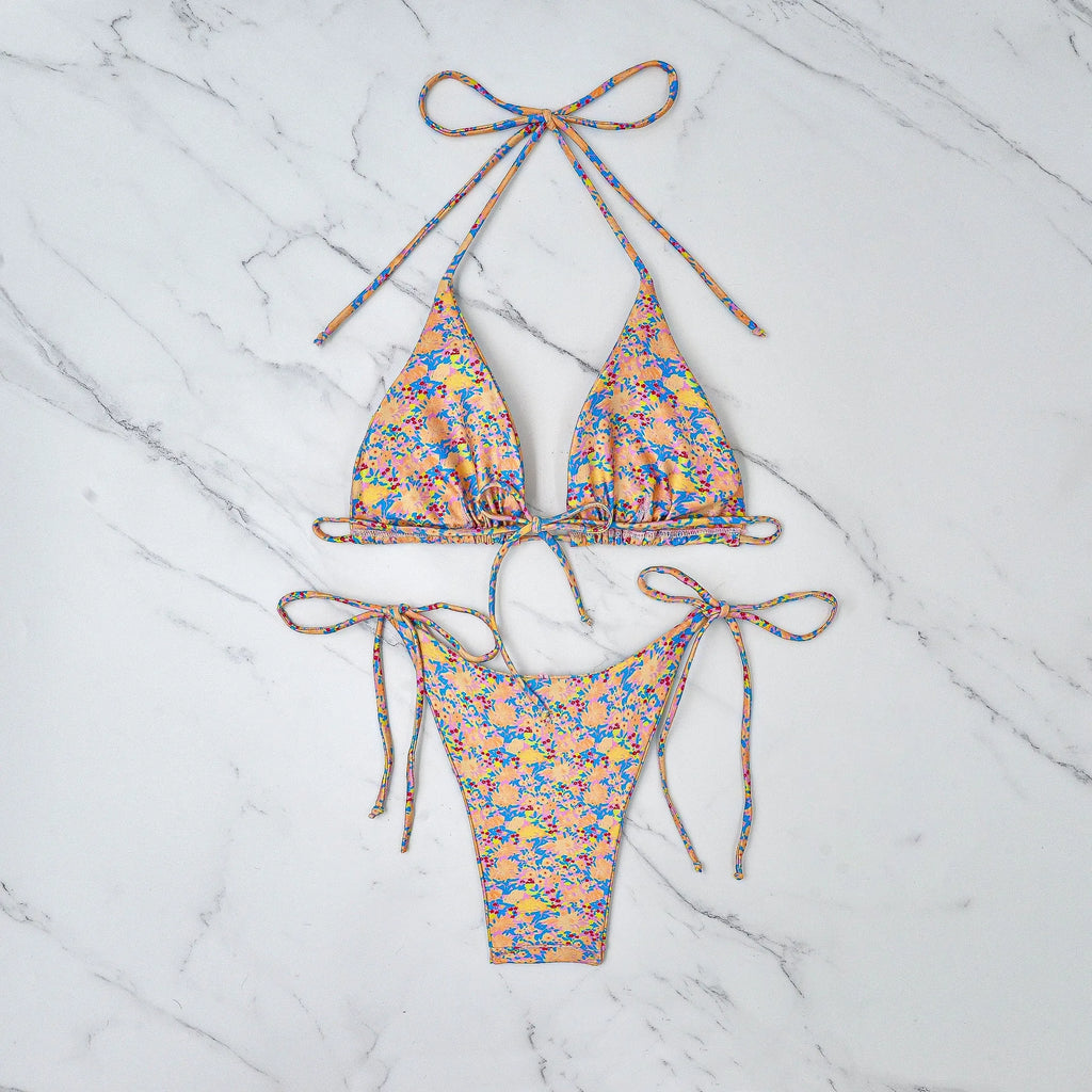 Lace-up bikini swimsuit with backless design and European split styling