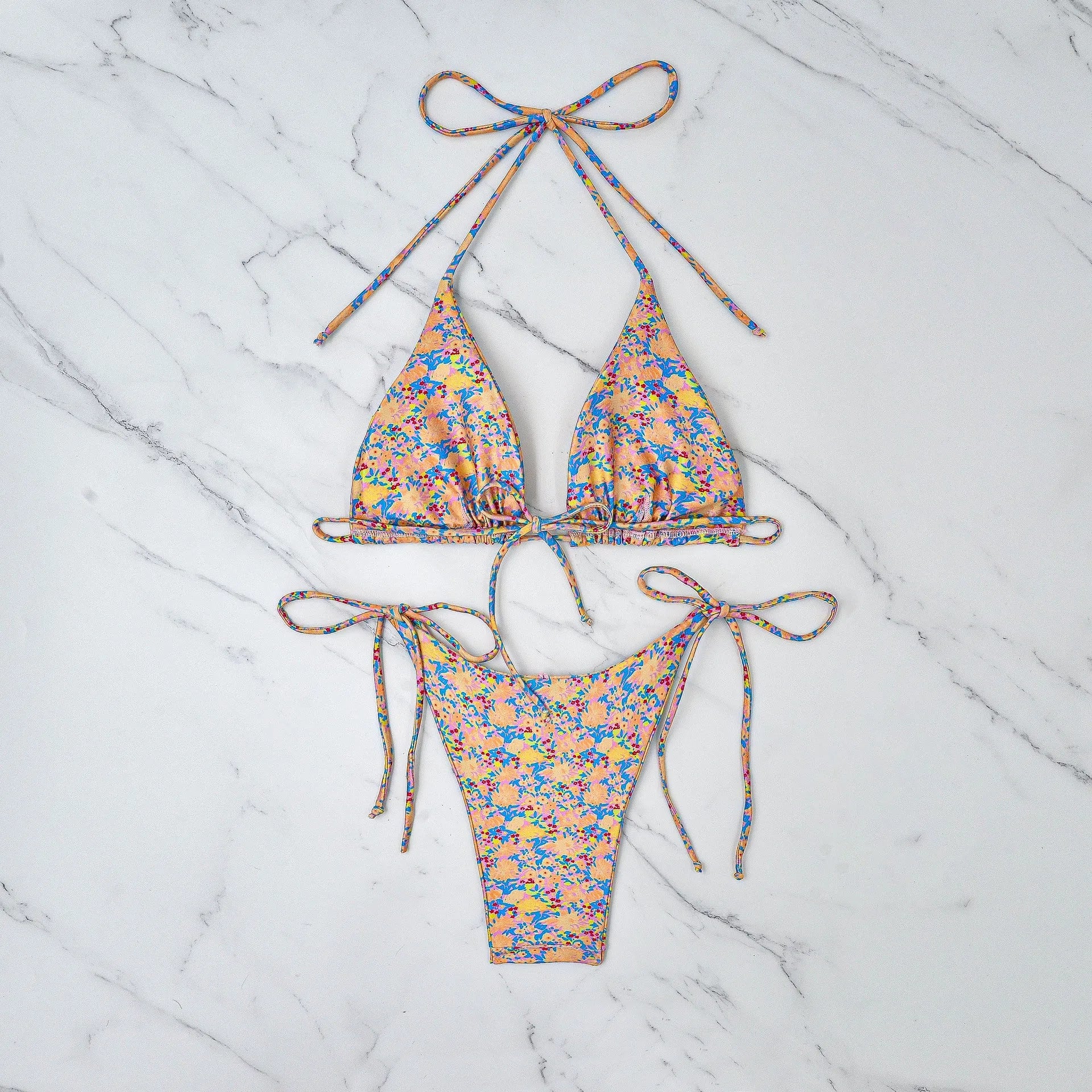Lace-up bikini swimsuit with backless design and European split styling
