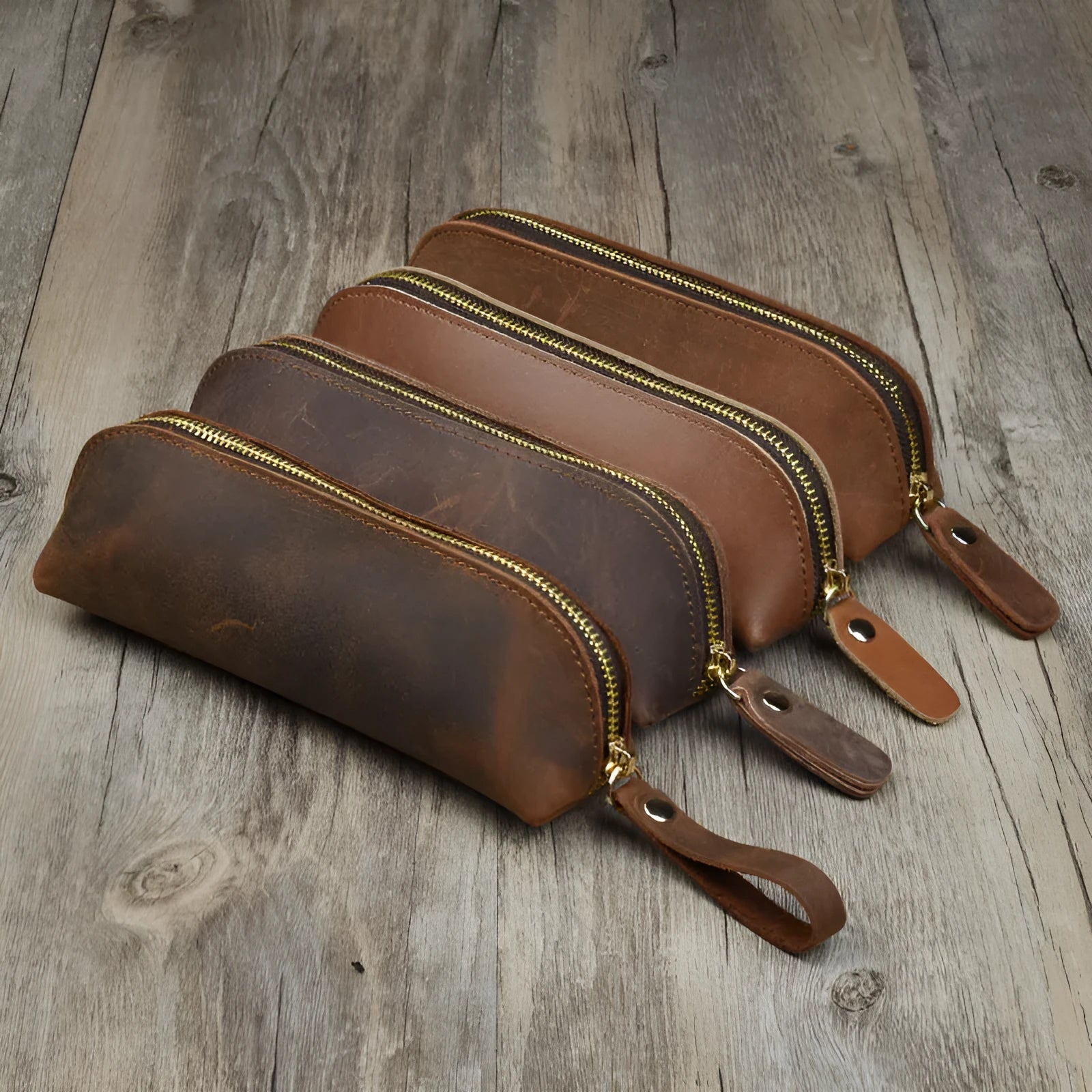 Genuine cowhide leather rectangular pencil case with zipper closure