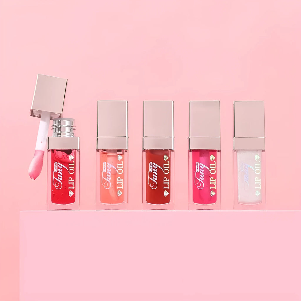 Five shades of moisturising lip gloss mint lipstick with included lip essence oil.