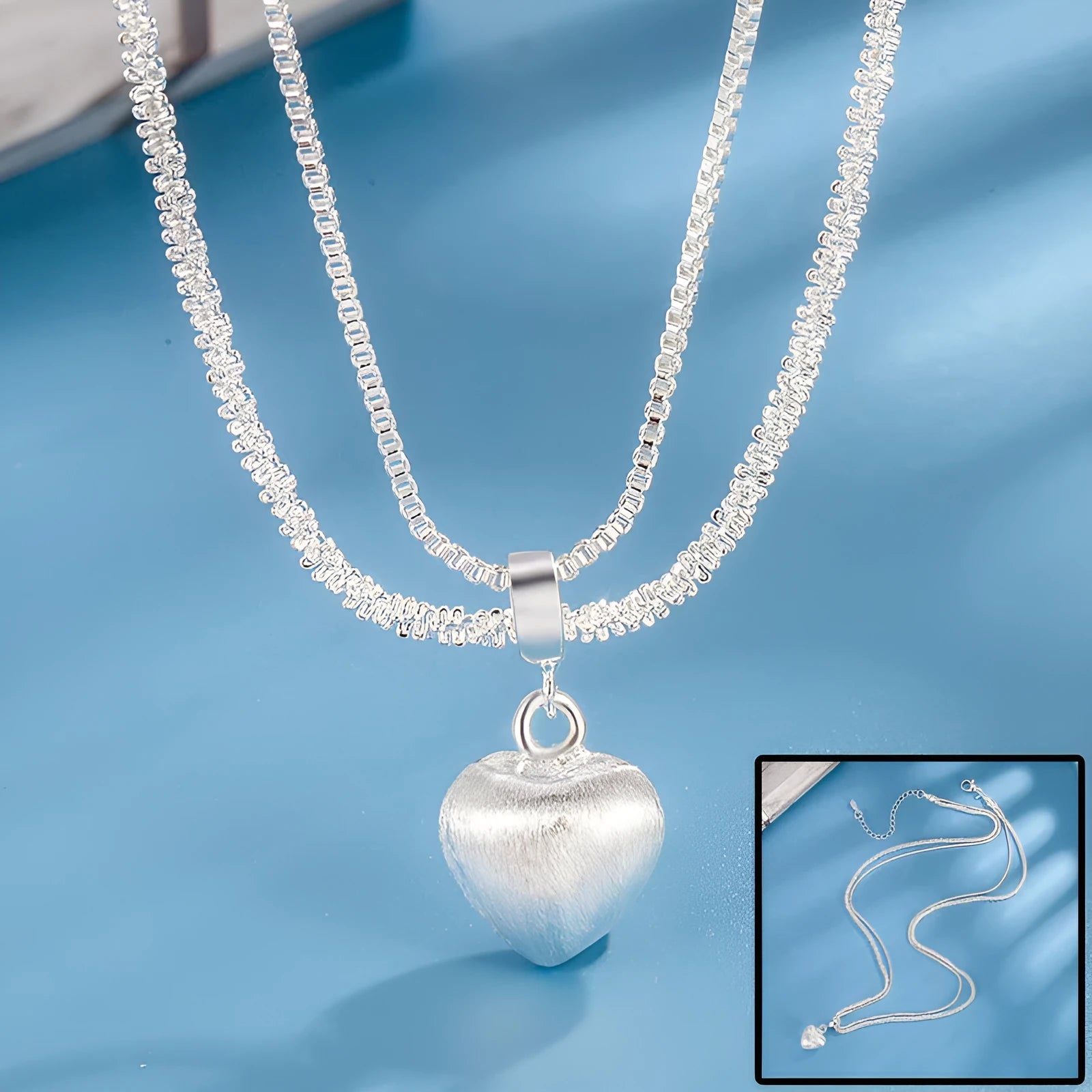 Double layer brushed heart pendant necklace for women, copper with electroplating, water wave chain