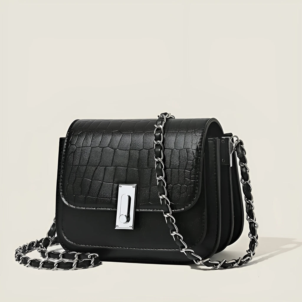 Women's black PU crossbody shoulder bag with sandwich pocket design and phone compartment
