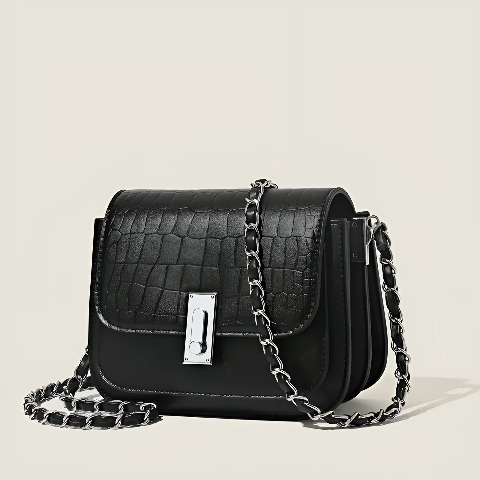 Women's black PU crossbody shoulder bag with sandwich pocket design and phone compartment