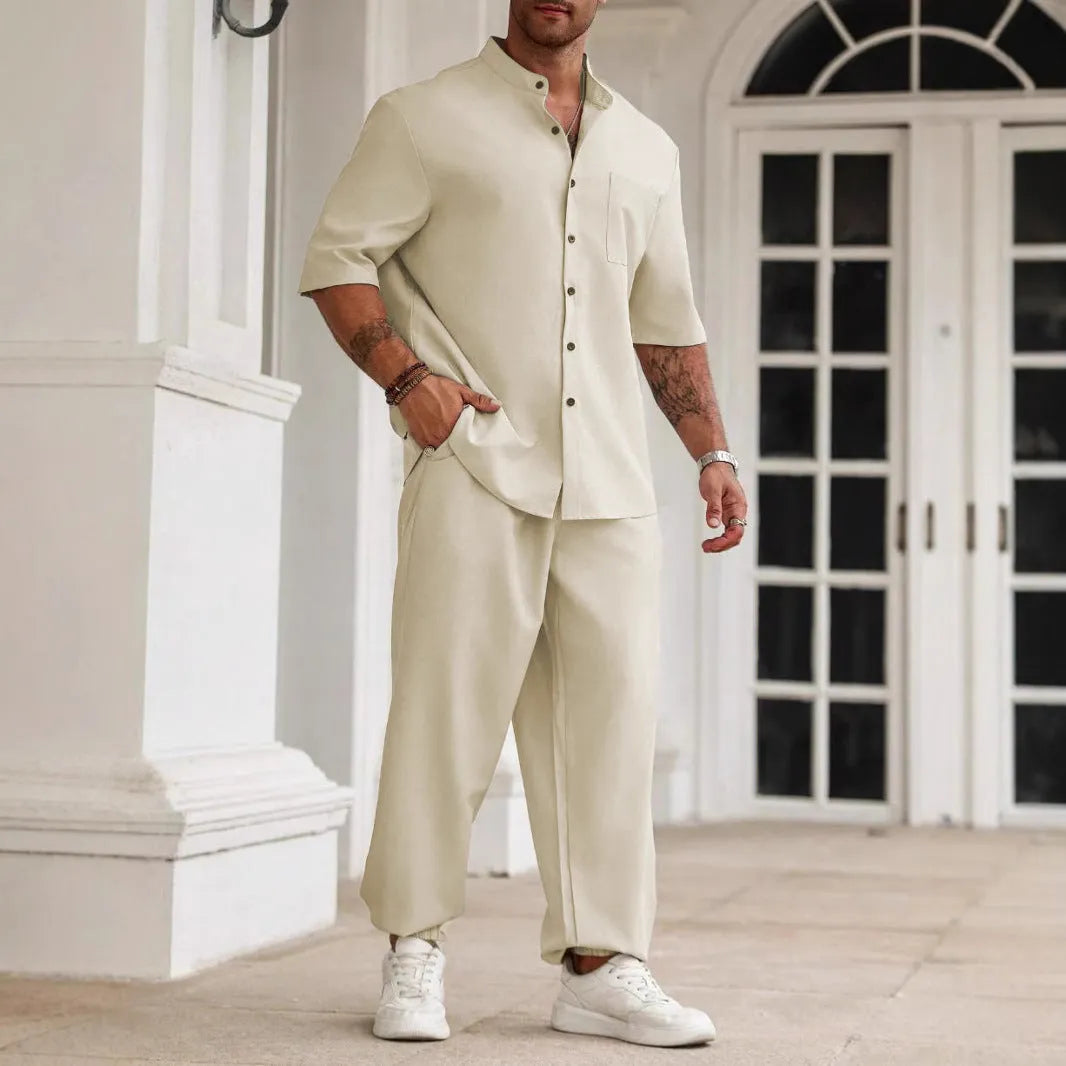 Men's apricot cotton linen casual short sleeve shirt and long trousers set on a hanger