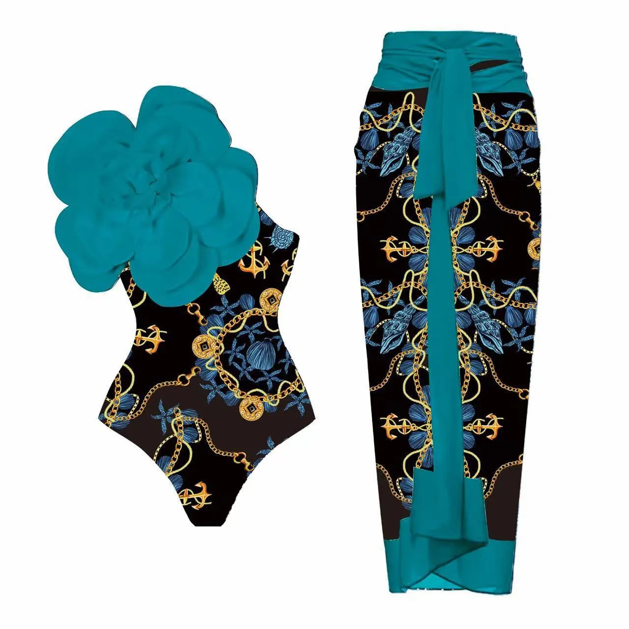 Women's floral print one-piece swimsuit with optional wrapped skirt