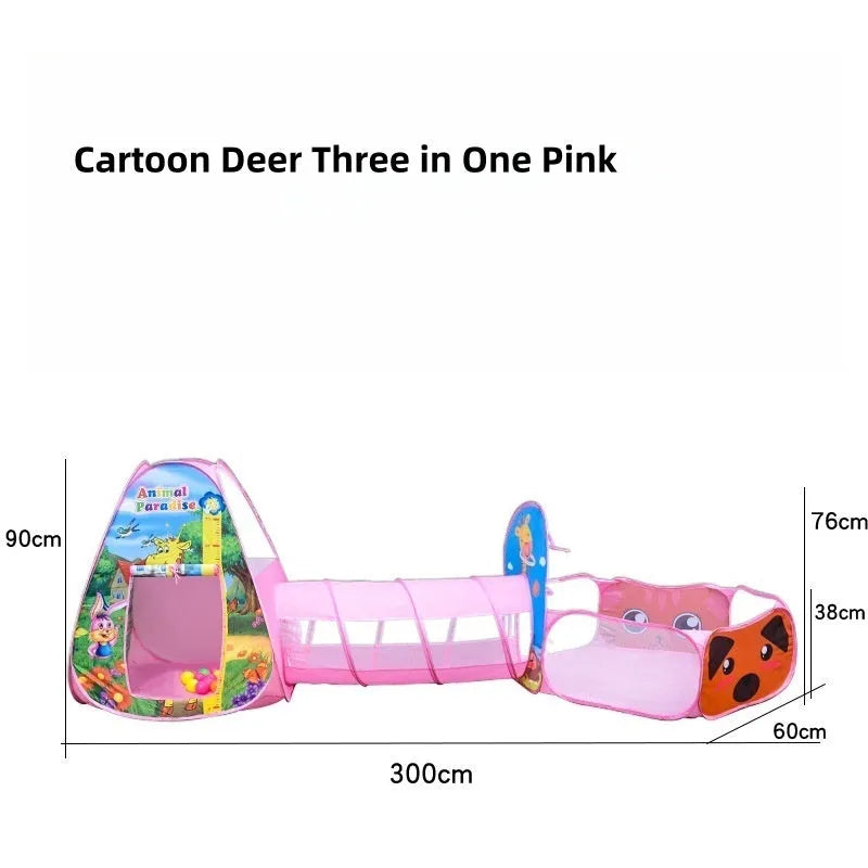 Colourful marine cartoon children's tent with integrated ball pool and crawl tunnel