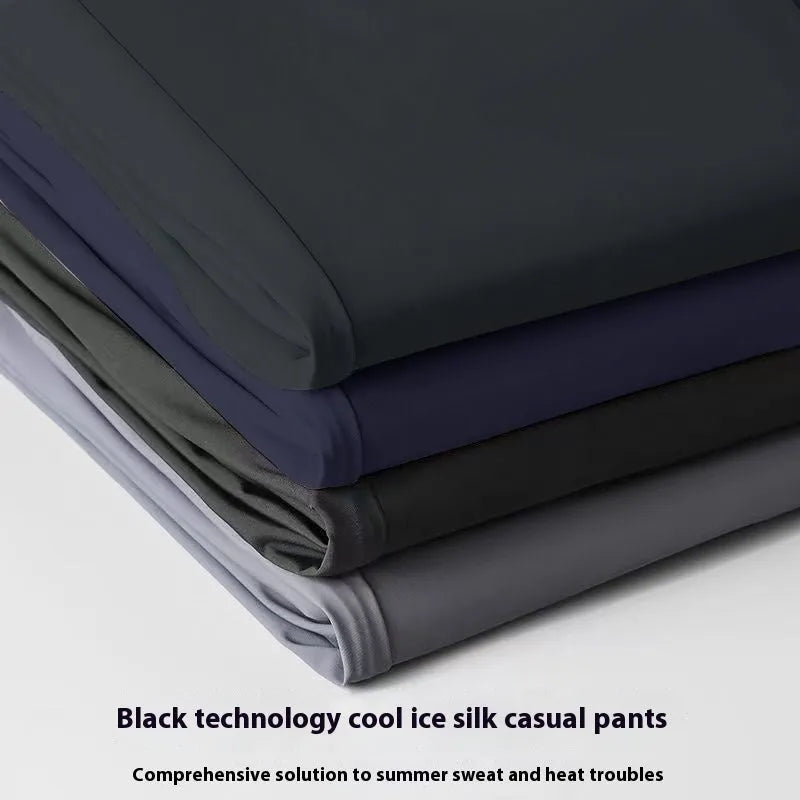 Men's black ice silk straight-leg loose fit casual trousers with a high elastic waistband.