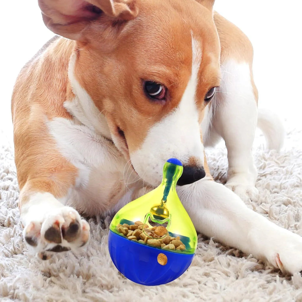Blue tumbler-shaped pet treat dispenser toy for small and medium dogs and cats