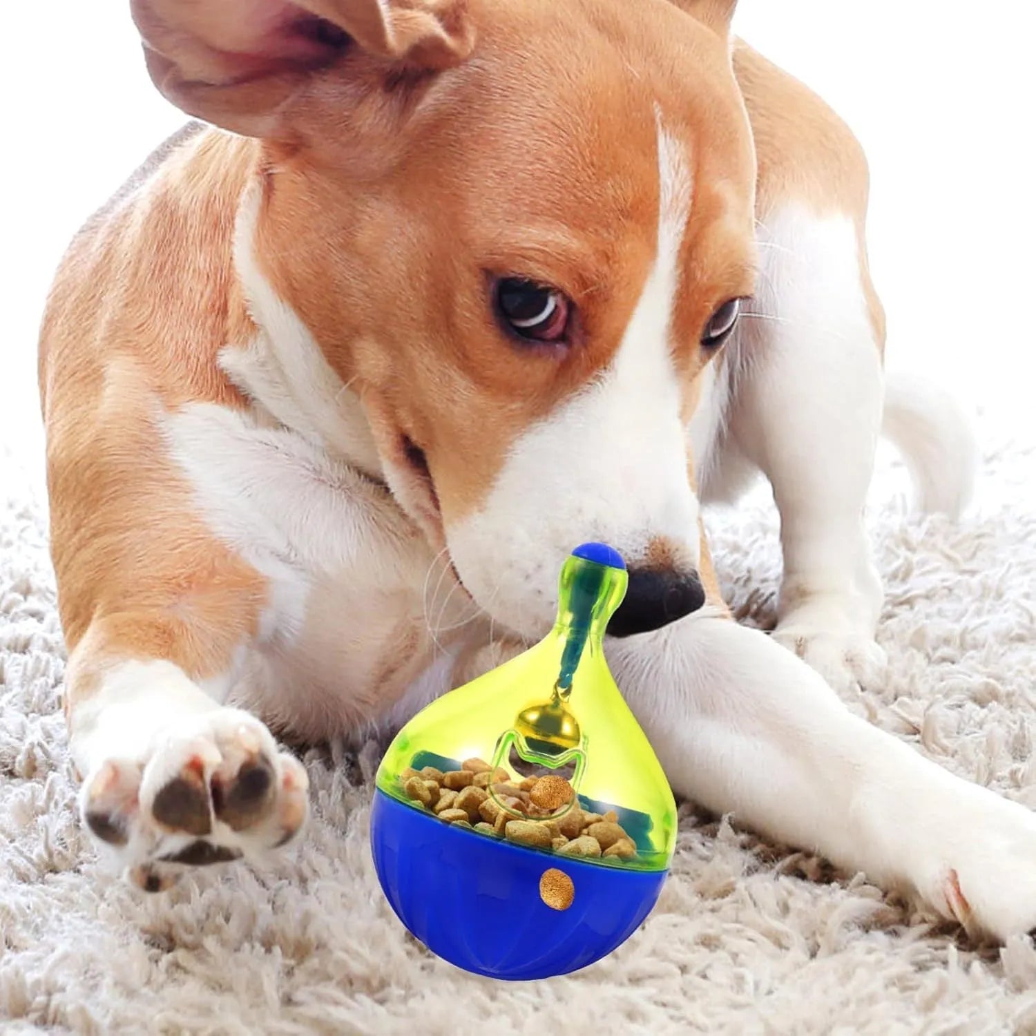Blue tumbler-shaped pet treat dispenser toy for small and medium dogs and cats