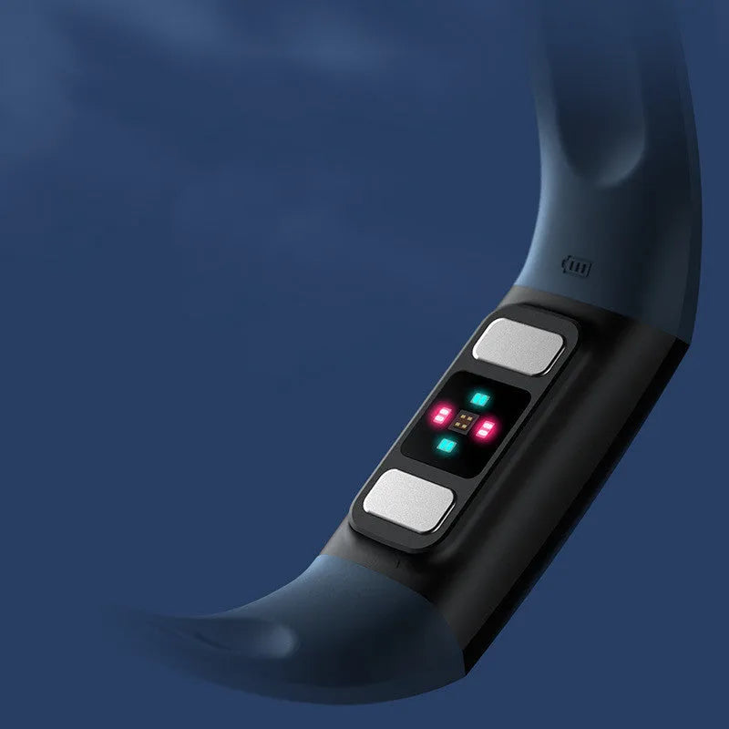 Black smart health bracelet with 1.1-inch display showing blood pressure and heart rate monitoring data