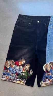 Men's blue cotton tapered shorts with Jesus printed back pocket detail