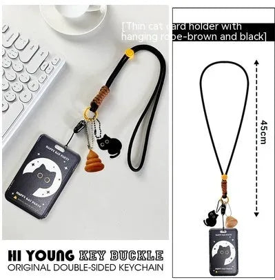 Cartoon black cat design plastic card sleeve holder with ferrule pendant for bus and student cards