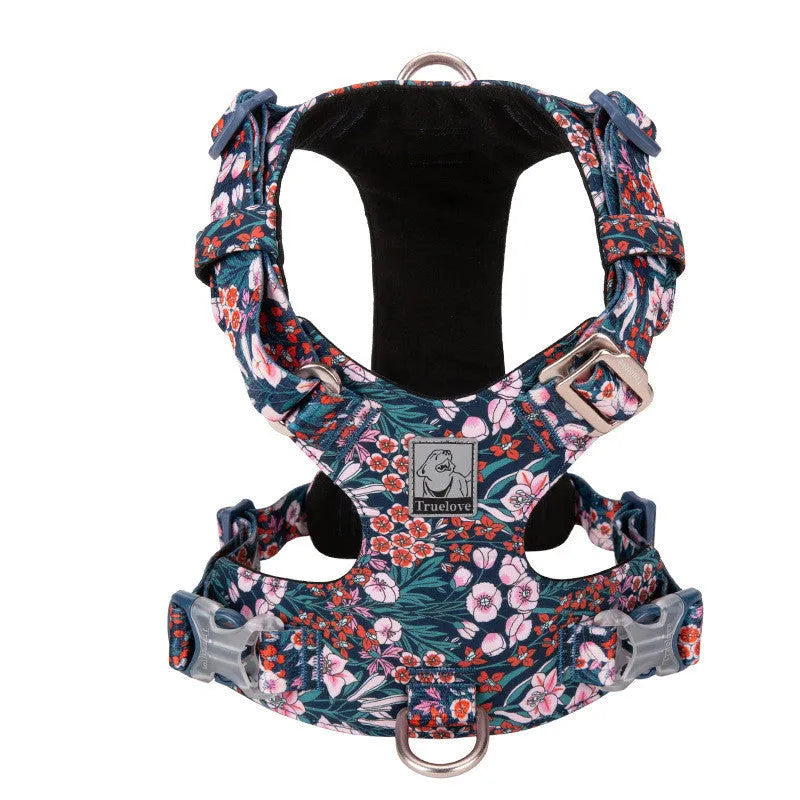 Floral pattern pure cotton dog harness vest shown in blue, green, and red colours on a size chart from XXS to XL.