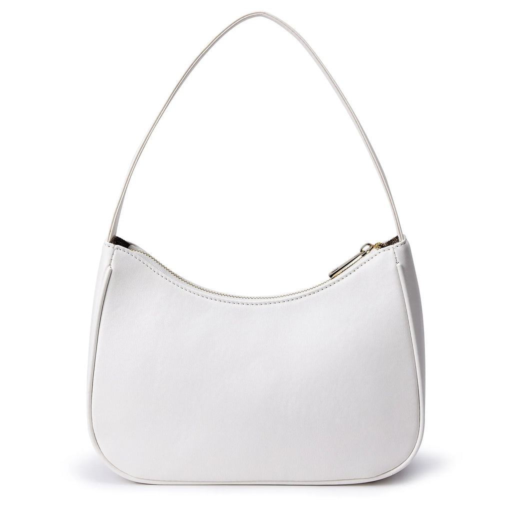 Simple retro-style waterproof PU shoulder bag shown in apricot colour with an adjustable shoulder strap.