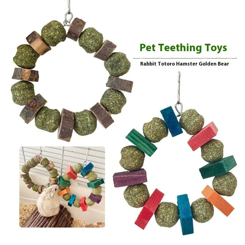 Hamster chew toy with decorative straw ball ring for guinea pigs and rabbits