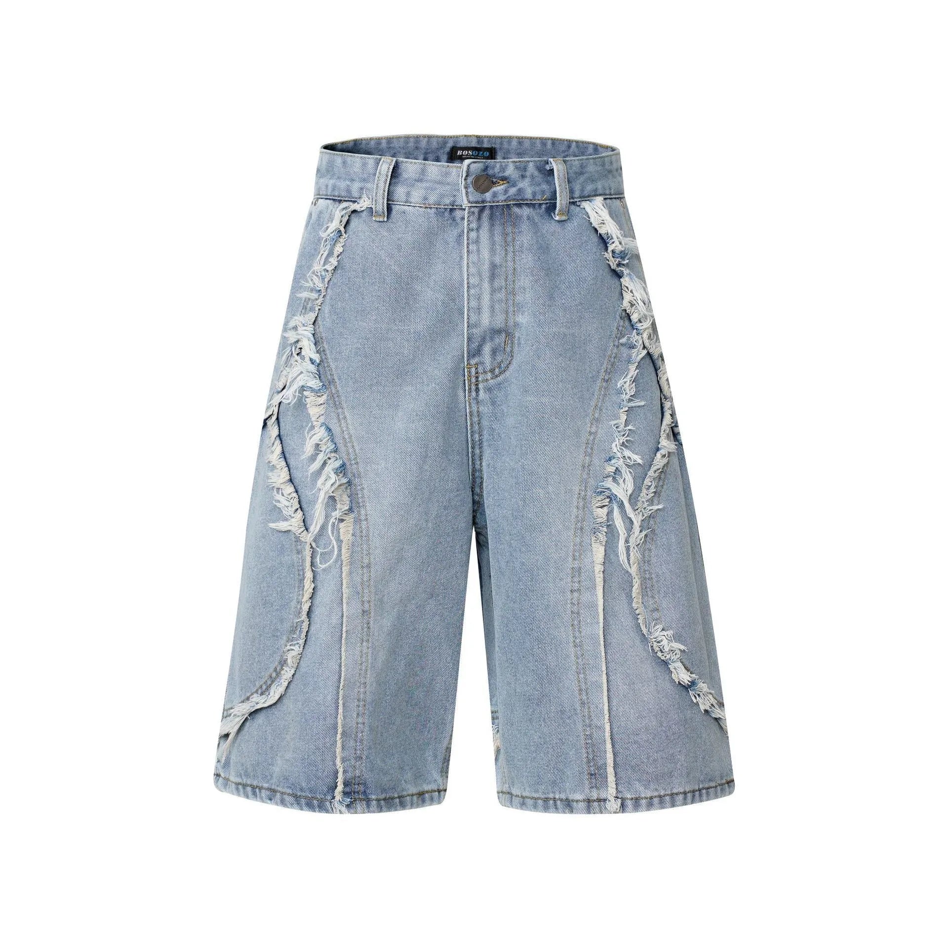 Men's distressed denim shorts with raw edges in black, straight leg cropped style