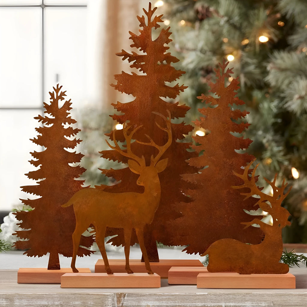 Set of three rustic metal Christmas tree ornaments featuring elk designs in weathered iron finish.