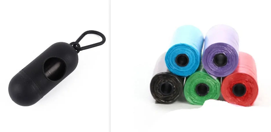 Pack of dog poop bags in six colours black blue green pink purple red sized 22.5x30cm for pet waste