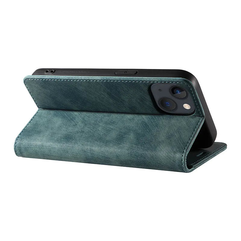 Magnetic leather and TPU flip phone case for iPhone shown in black, blue, and brown colours.