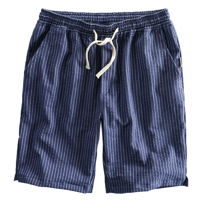 Men's striped cotton casual shorts in light blue with straight leg and mid waist design