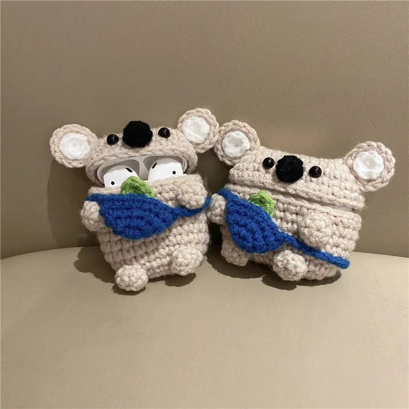 Hand-knitted koala bear backpack design AirPods case cover for 1st/2nd gen, 3rd gen, or Pro models
