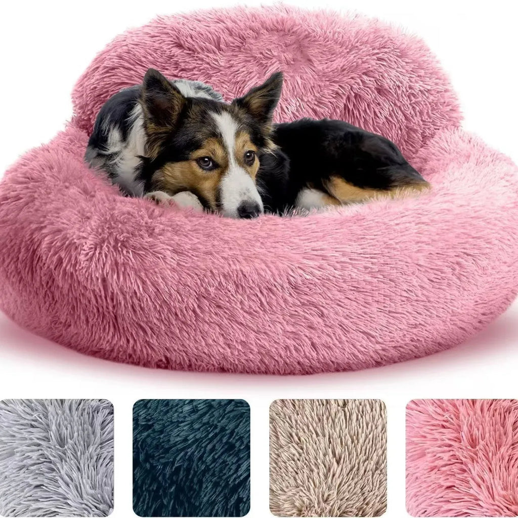 Round plush pet bed with raised backrest in khaki colour, 60cm diameter, suitable for small dogs and cats