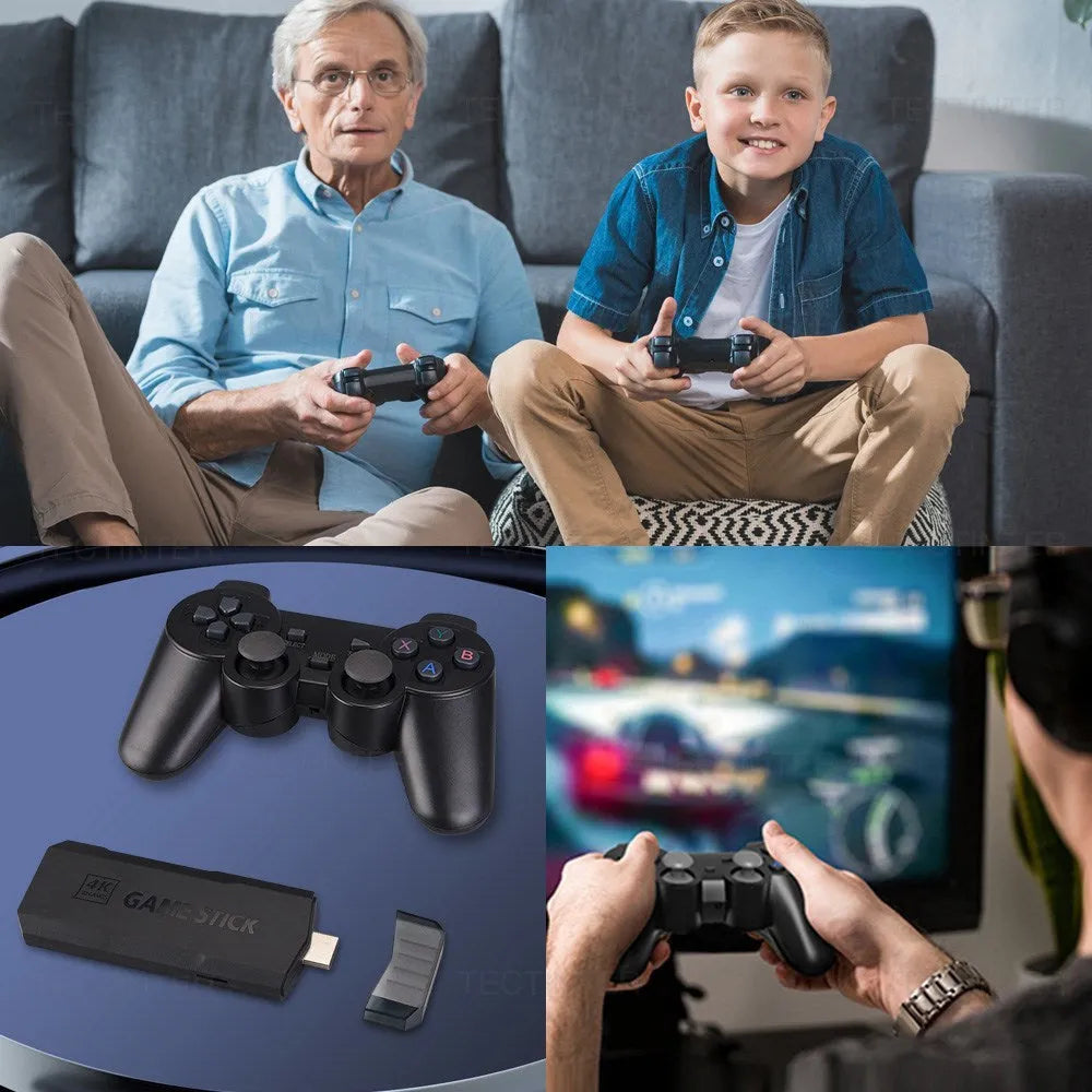 HD Home wireless retro game console with handle controller on a table next to a TV.