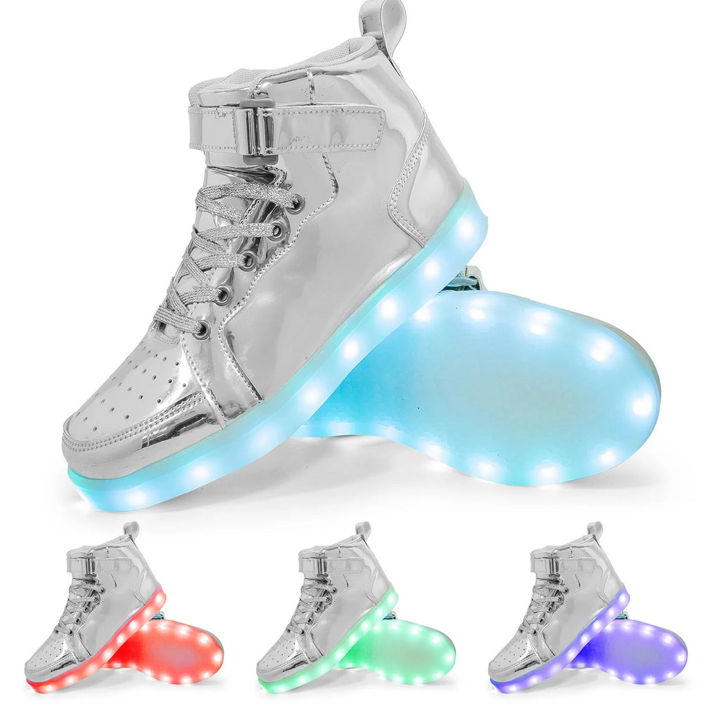 High-top trainer with LED lights on the side, Velcro strap closure, shown in gold colour.