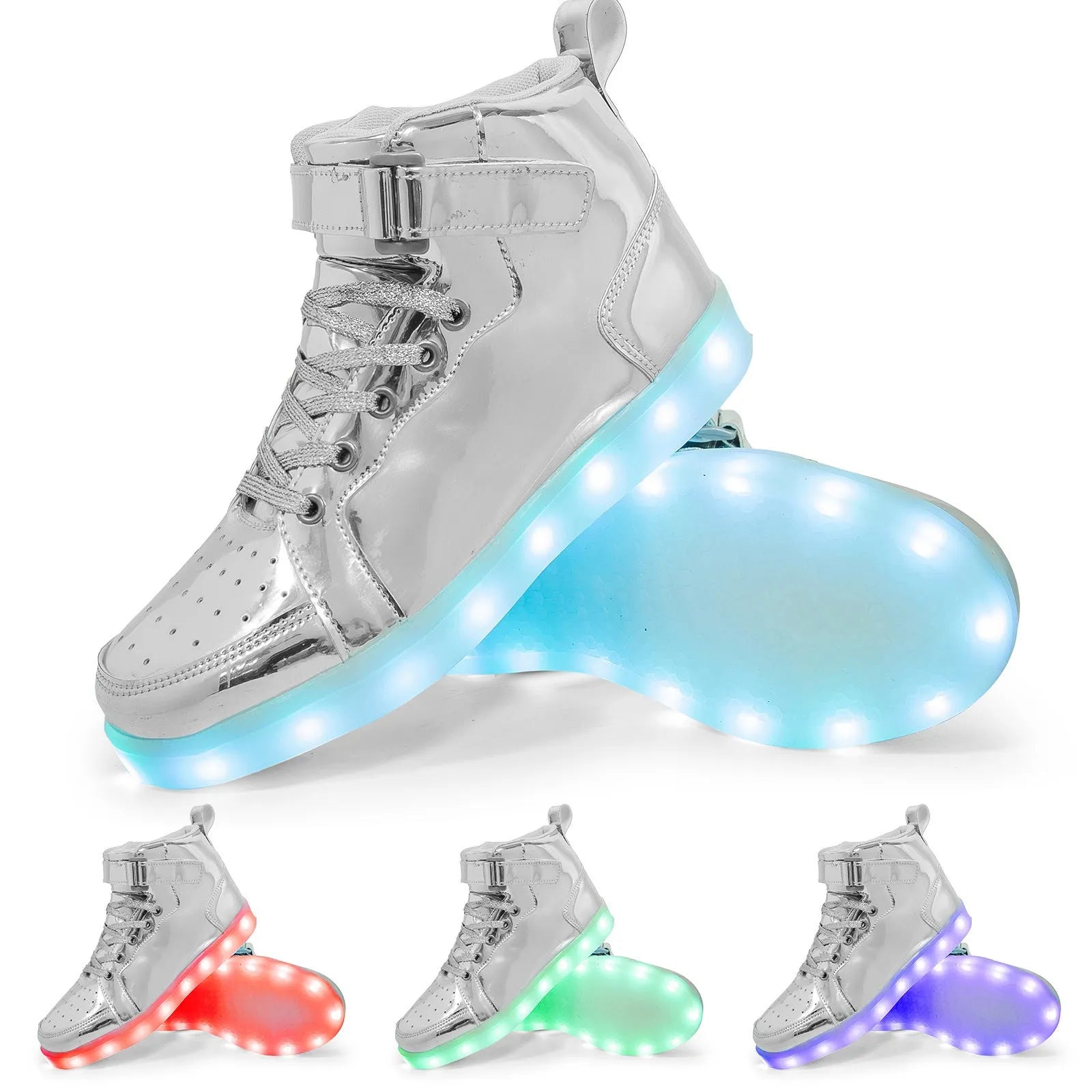 High-top trainer with LED lights on the side, Velcro strap closure, shown in gold colour.