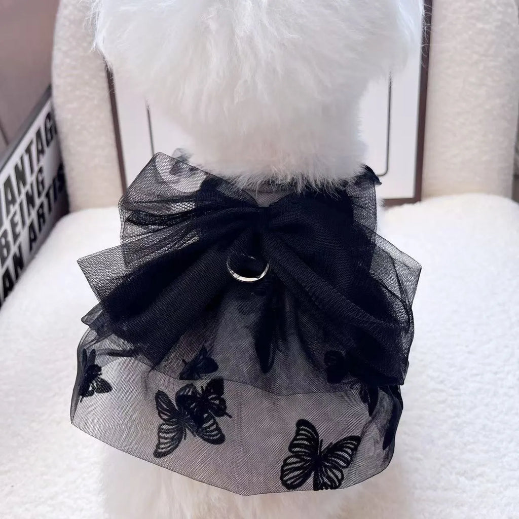Black polyester princess tulle skirt for small dogs and cats with size chart showing chest and back measurements