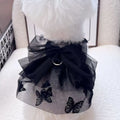 Black polyester princess tulle skirt for small dogs and cats with size chart showing chest and back measurements