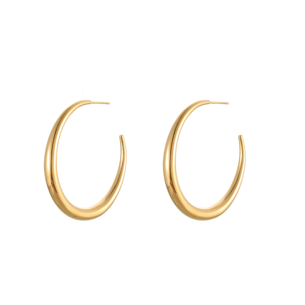 Geometric round stainless steel hoop earrings with gold plating, shown in large and small sizes.