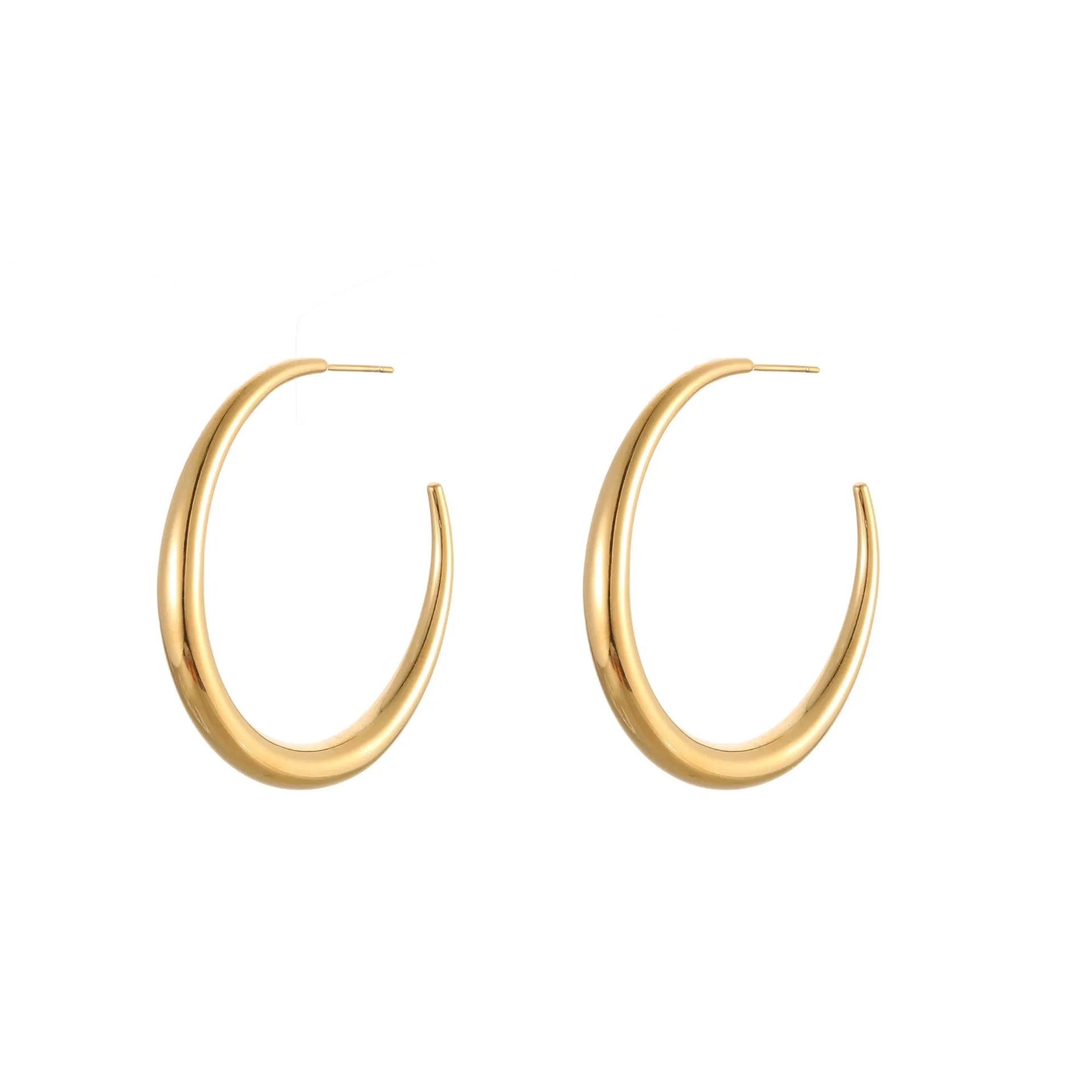 Geometric round stainless steel hoop earrings with gold plating, shown in large and small sizes.