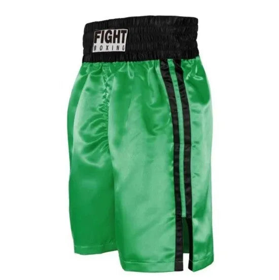 Boxing shorts for kick boxing training in various colour combinations like black and white striped, black and gold, and black and red.