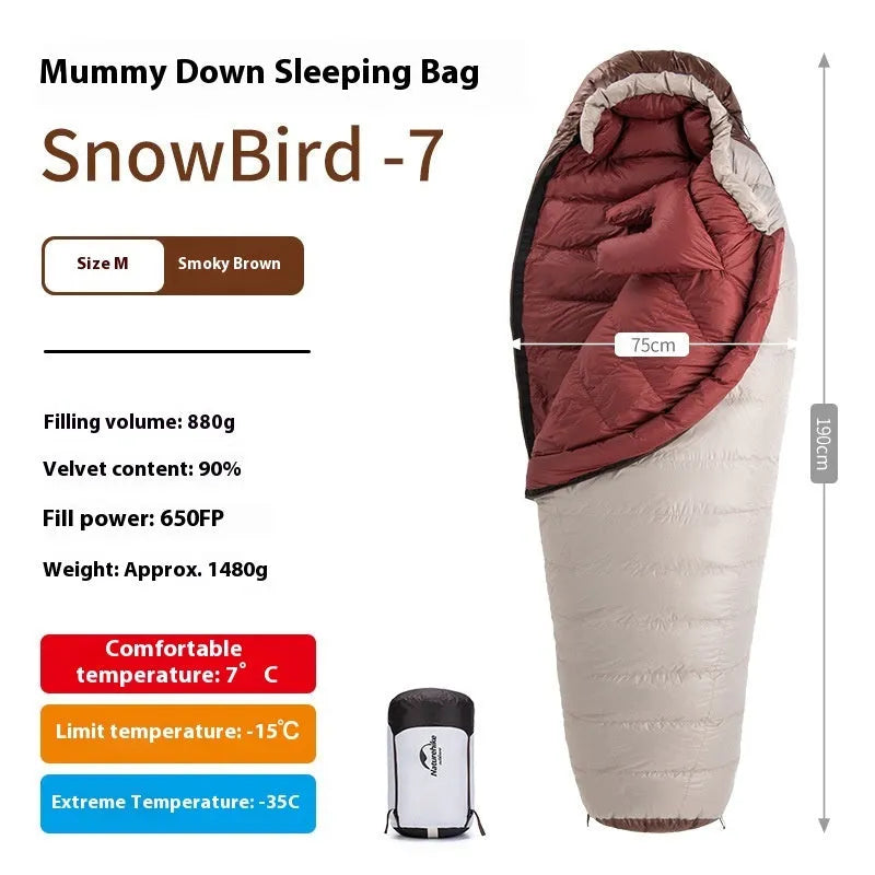Goose down mummy sleeping bag for adult camping in a stuff sack