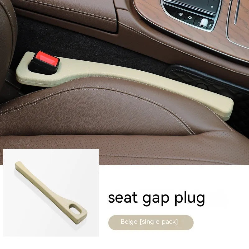 A pair of flexible polyurethane car seat gap filler rods shown in available colours: black, brown, red, beige, and green.