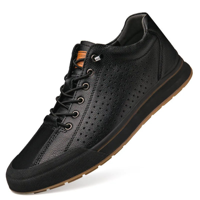 Men's white and black leather casual shoes with flat heel and round toe design showing multiple lining options