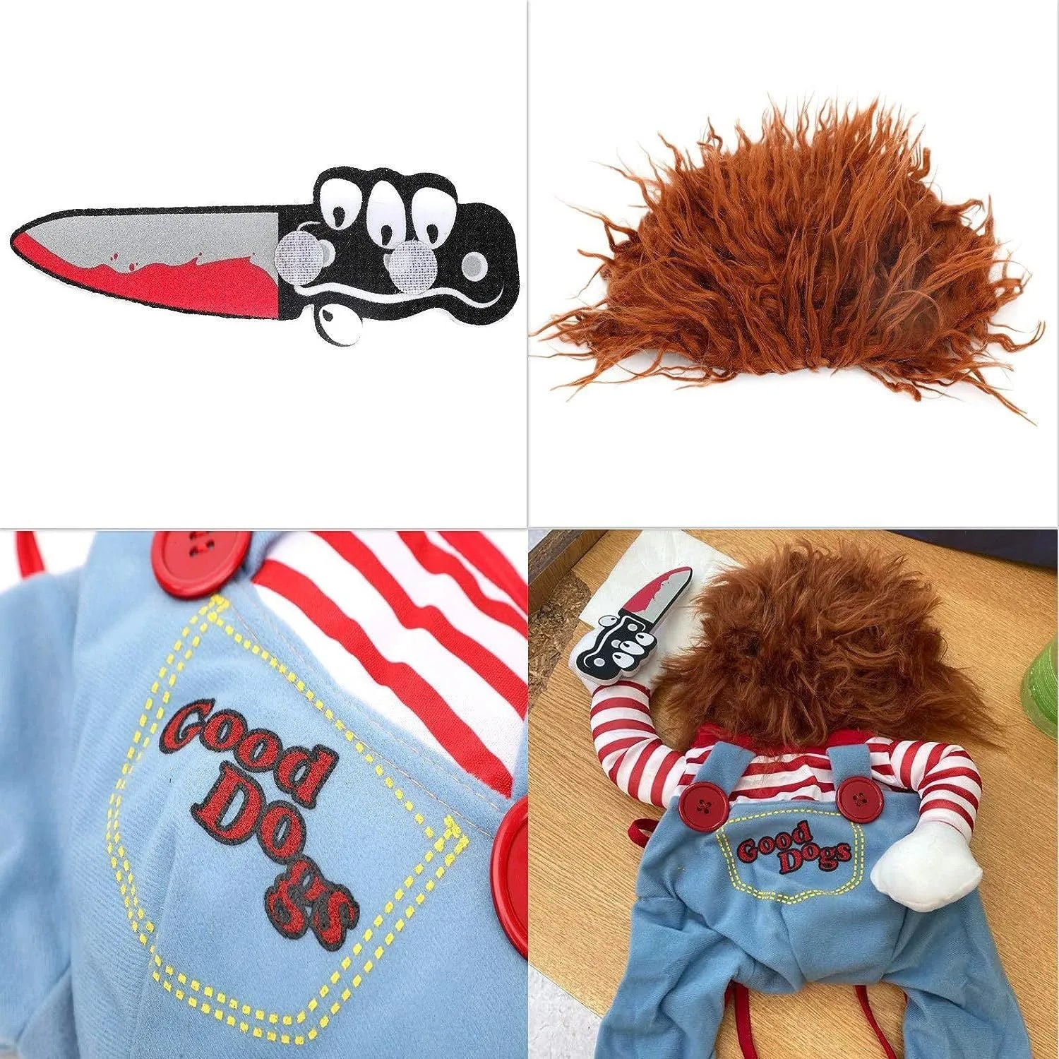 Striped black and white prisoner Halloween costume for a dog, with harness and toy knife prop.