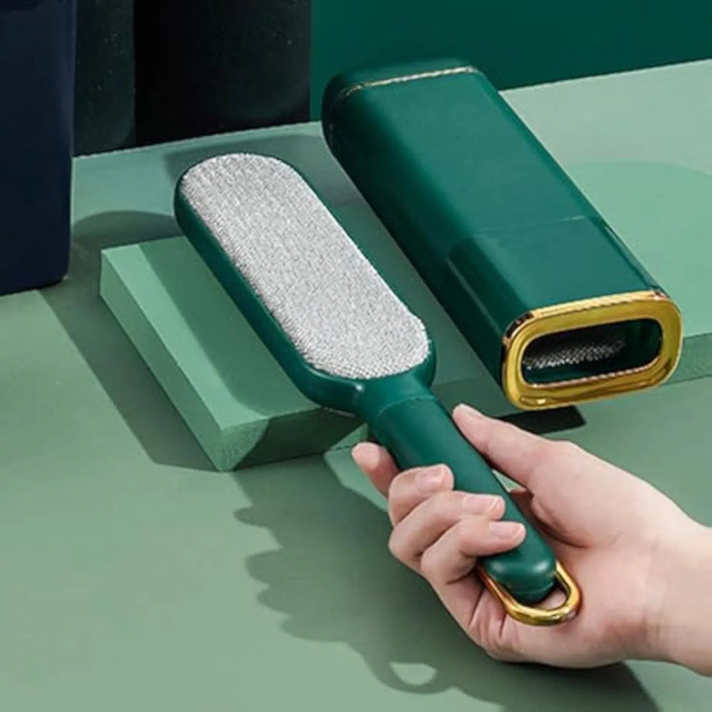 Double-sided self-cleaning pet hair removal brush in blue, green and white colour options