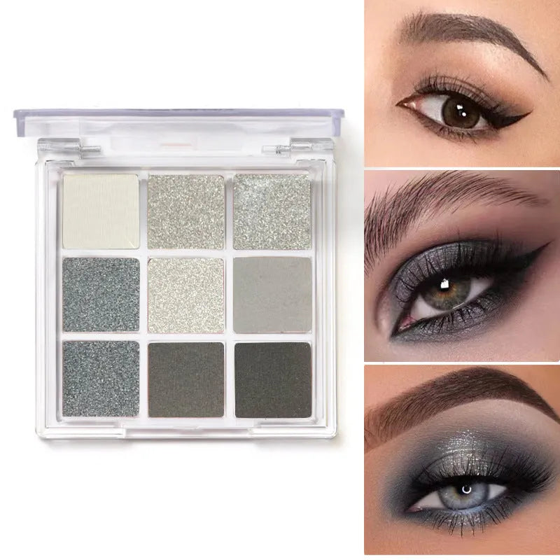 Smoked nine-colour eye shadow compact showing white silver black iron grey cosmetic shades