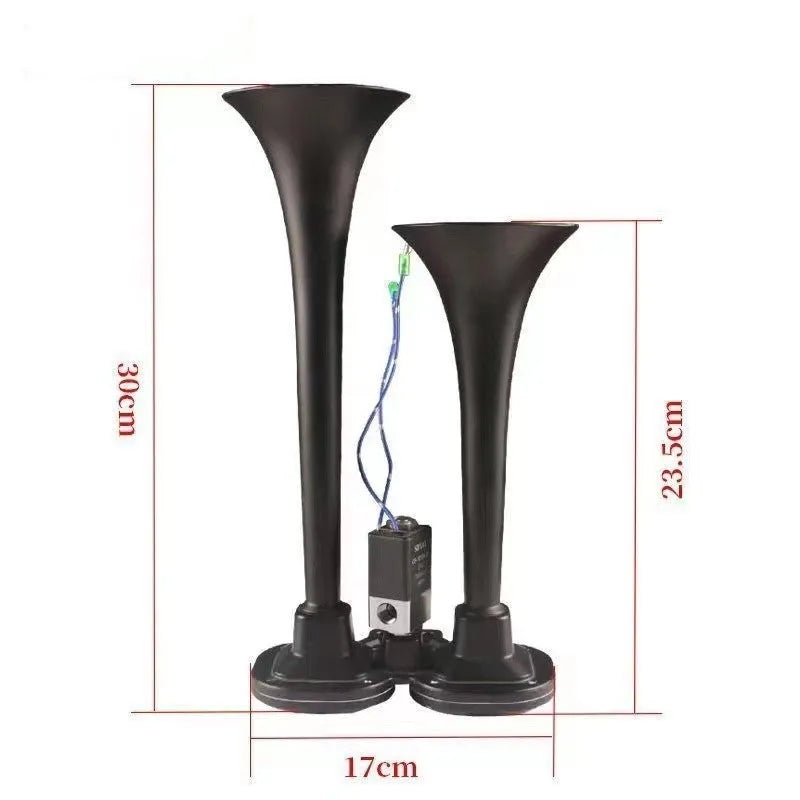 Black dual trumpet vehicle air horn kit with compressor for 12V and 24V systems