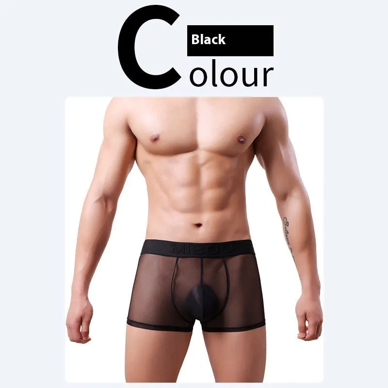 Men's thin invisible breathable boxer shorts in six colour options showing quick-dry polyester fabric construction