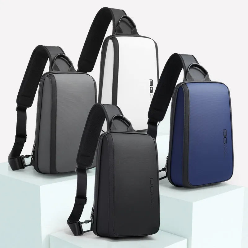 Blue men's chest bag with double shoulder straps and a soft handle, made from Oxford cloth.
