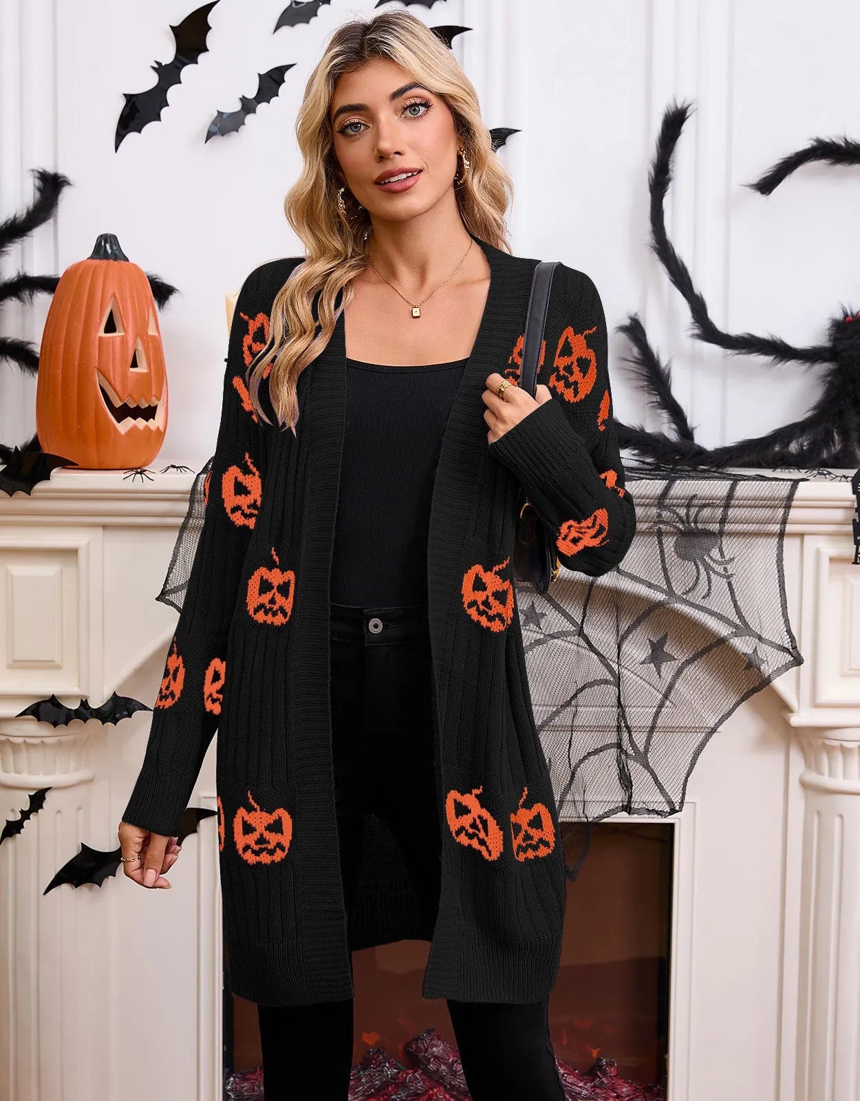 Women's black Halloween pumpkin head jacquard knitted cardigan coat with straight cut