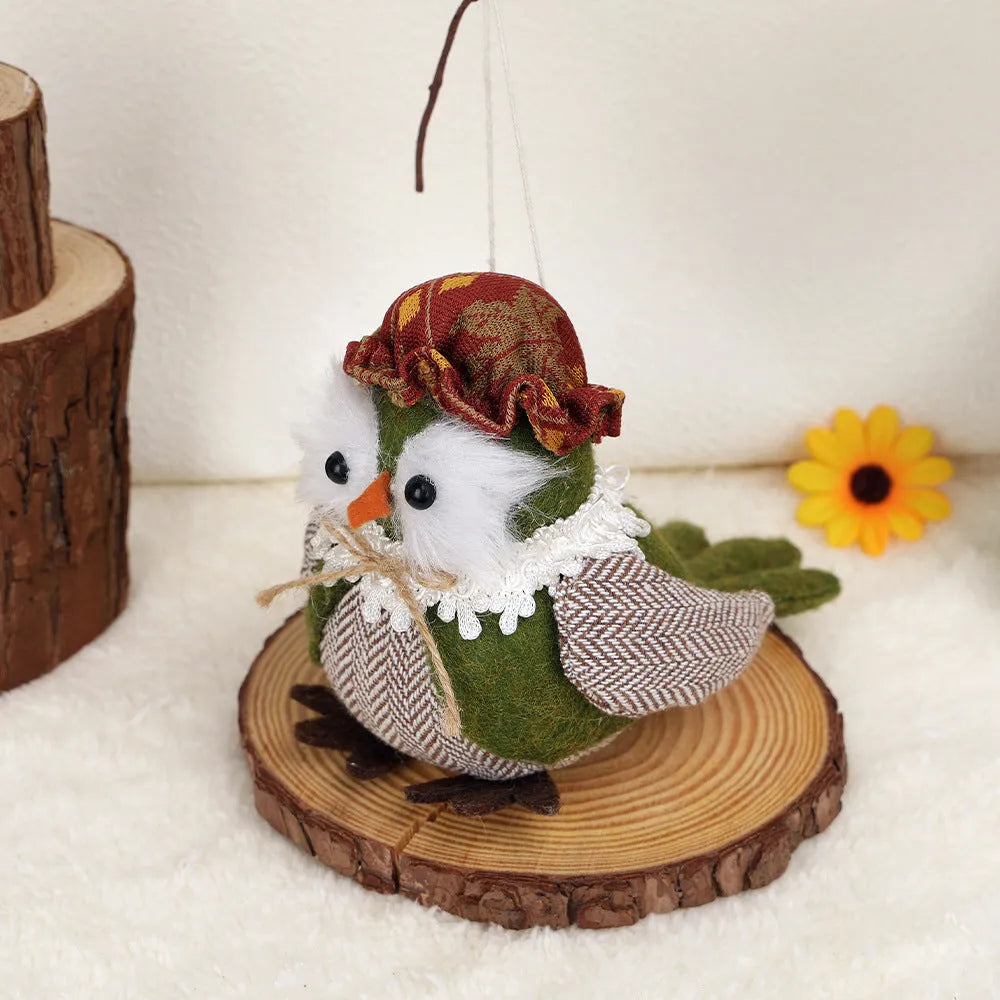Thanksgiving owl bird ornament in orange or green polyester cloth as a window pendant.