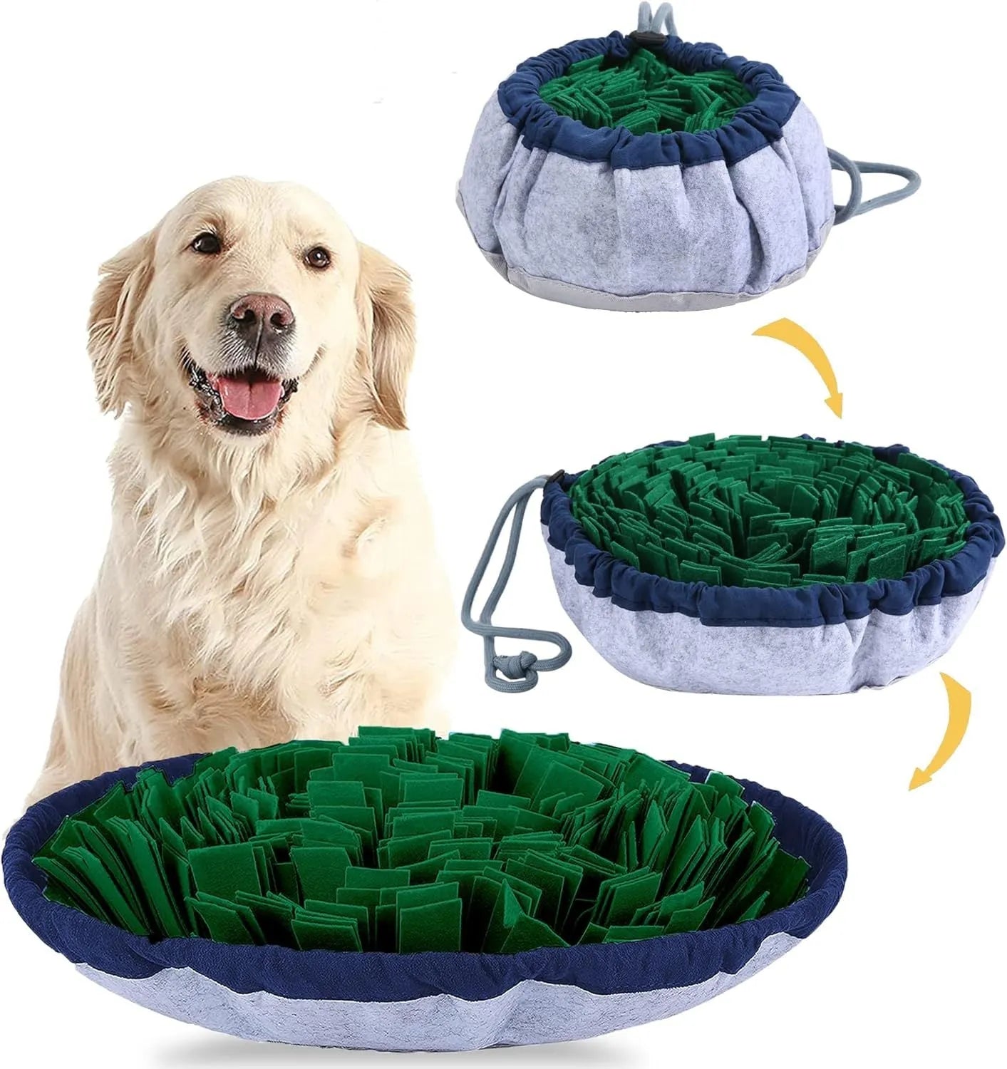Blue adjustable foldable snuffle mat for dogs showing treat hiding pockets and non-slip backing
