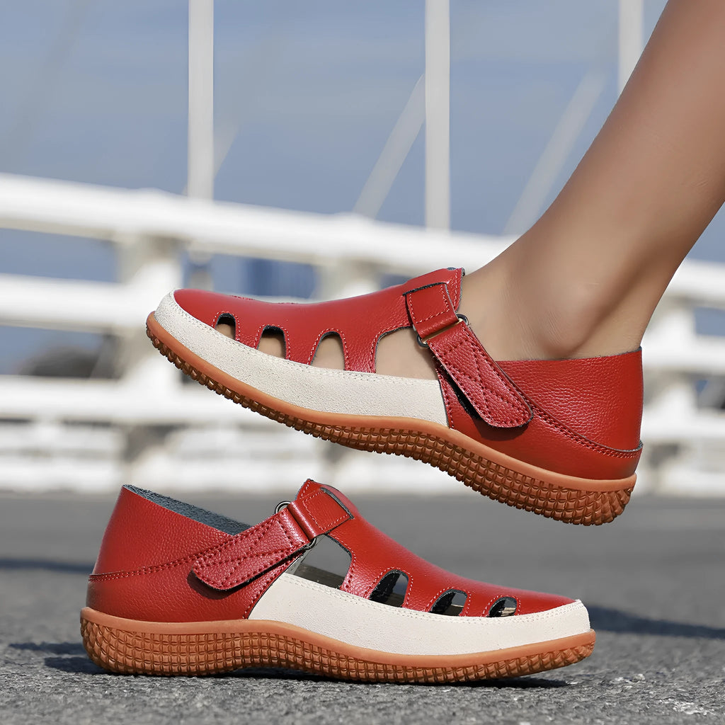 Plus size women's flat heel sandals with hollow breathable design in white red or blue